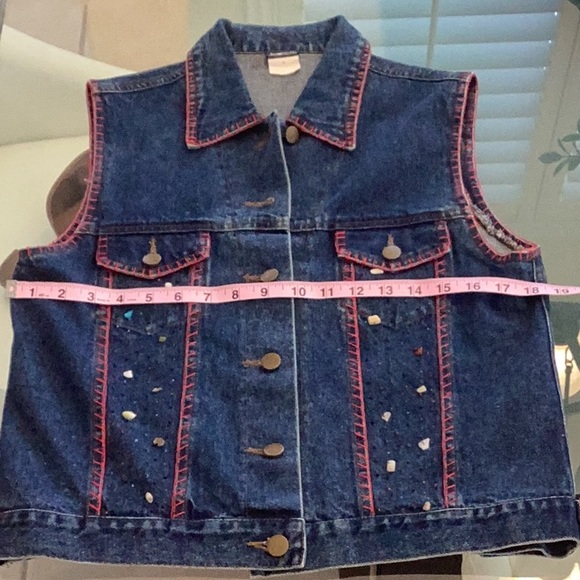 Cejon Jeans Jacket sz M Sleeveless Embellished Denim Vest Red Stitching EUC cute - Picture 8 of 17